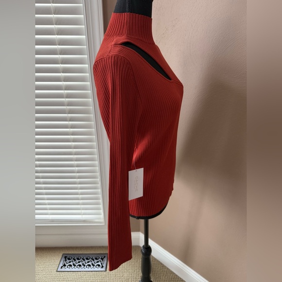 Cache Women’s Burnt Orange Ribbed Cut-Out Knit Mock Turtleneck Sweater - Picture 5 of 6